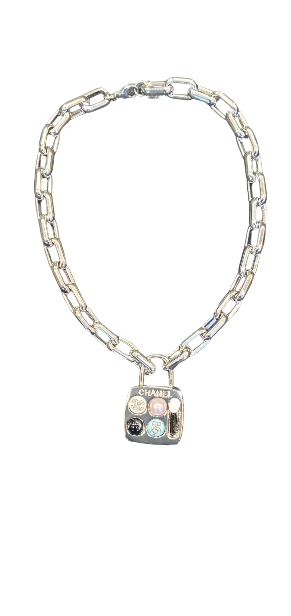 Chanel Lock Pendant with chunky silver links