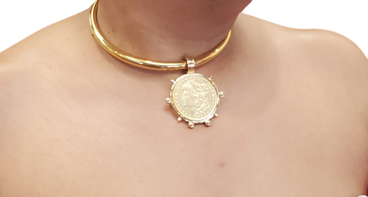 Chuncky Shiney Gold Coin Pendant with Solid Gold chocker Necklace.